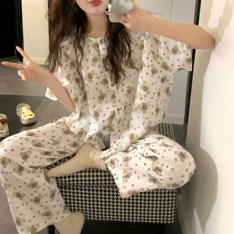 Pyjama für Damen Nachtwäsche Nachthemd Schlafanzug Zweiteiliger Hausanzug