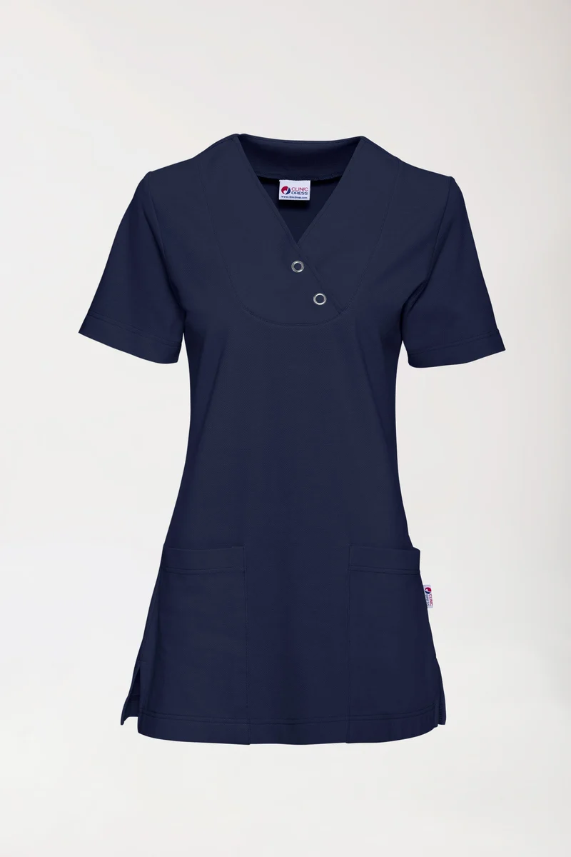 Piqué Longshirt Damen - V-Ausschnitt navy