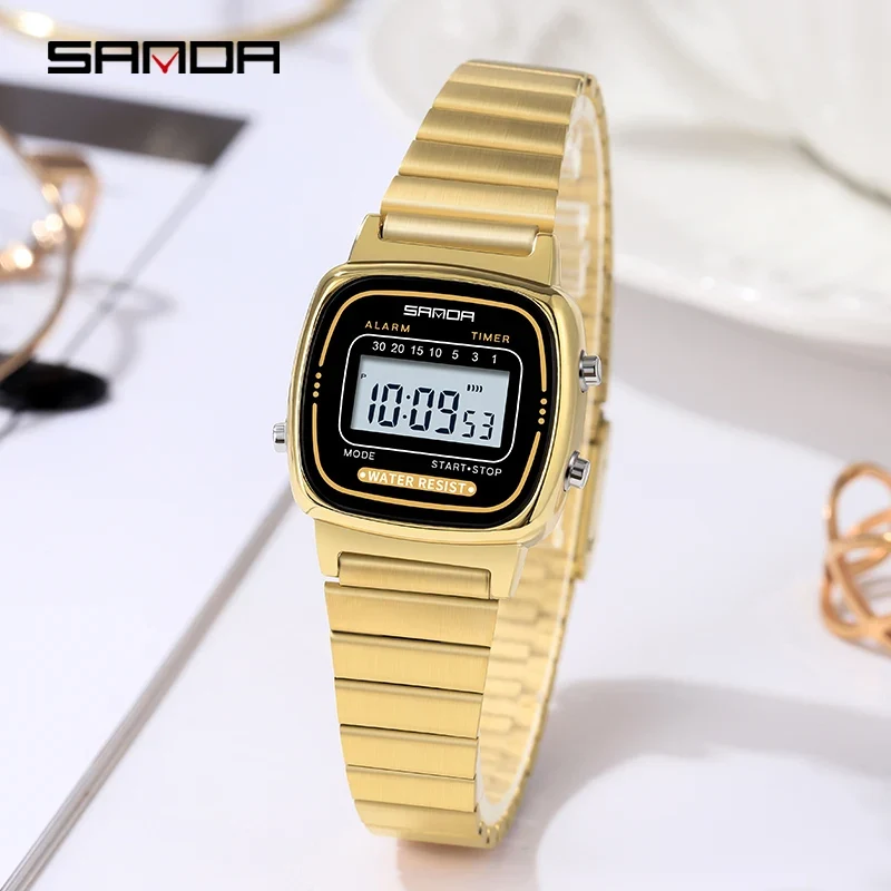 Damen Armbanduhr Armband Retro Digital Uhr Luxus Quarz Gold Quarzuhr LED-Anzeige