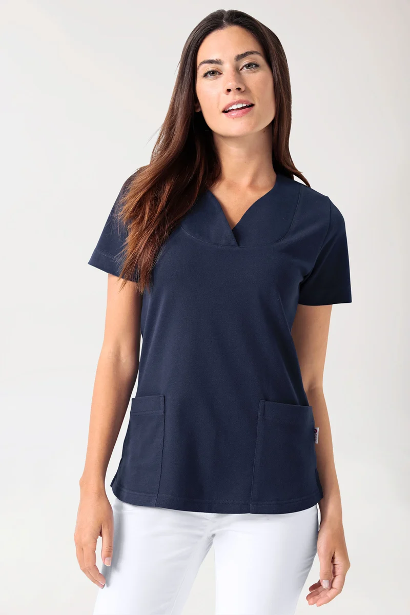 Piqué Longshirt Damen - diagonaler Ausschnitt navy