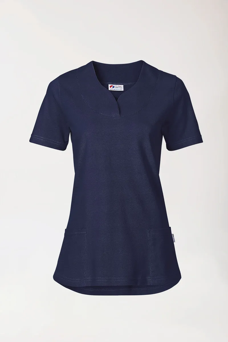 Piqué Longshirt Damen - diagonaler Ausschnitt navy