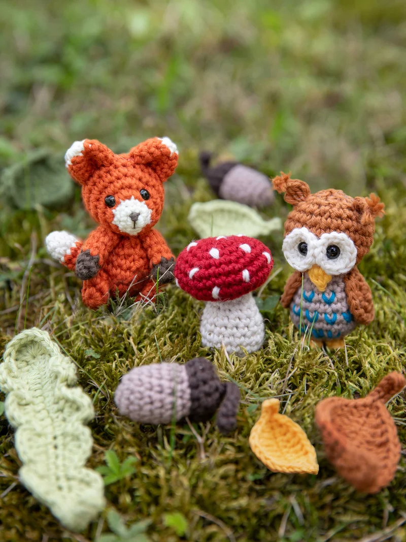 Anleitung Amigurumi-Set „Nature“ - Eule, Fuchs, Pilz, Eichel, Blätter