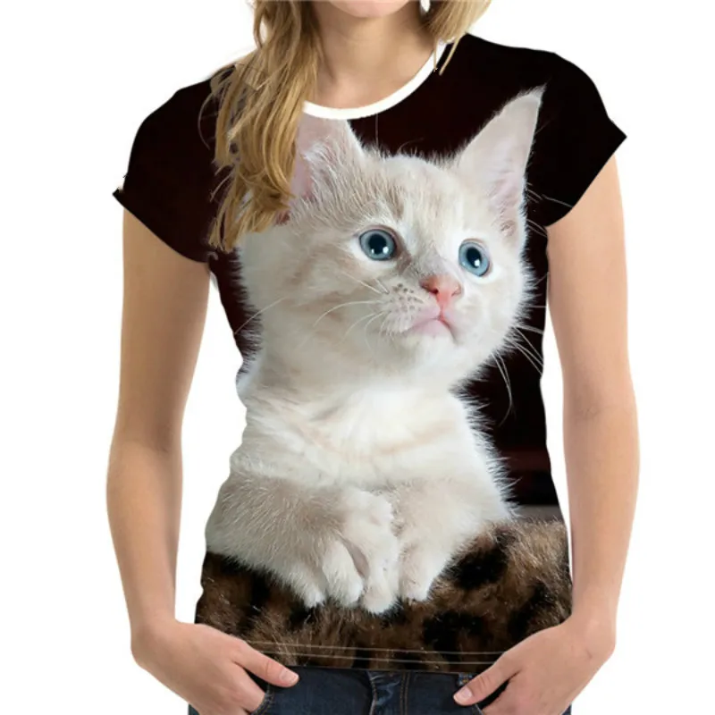 Damen T-Shirt Sommer Top Katzen Hemd Rundhals Streetwear lockeres Damentop