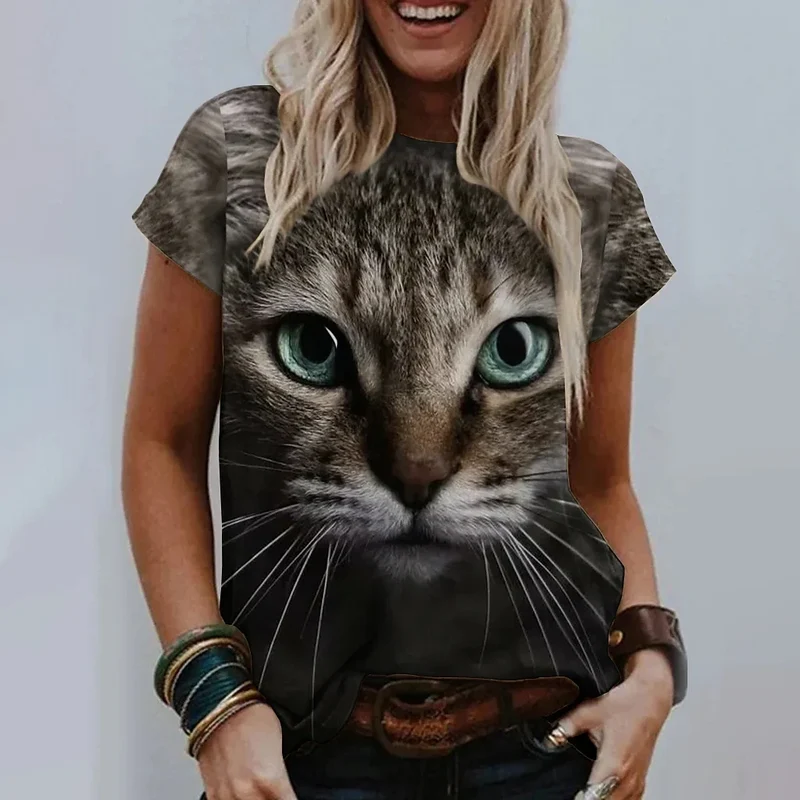 Damen T-Shirt Sommer Top Katzen Hemd Rundhals Streetwear lockeres Damentop