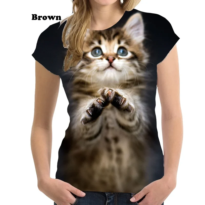 Damen T-Shirt Sommer Top Katzen Hemd Rundhals Streetwear lockeres Damentop