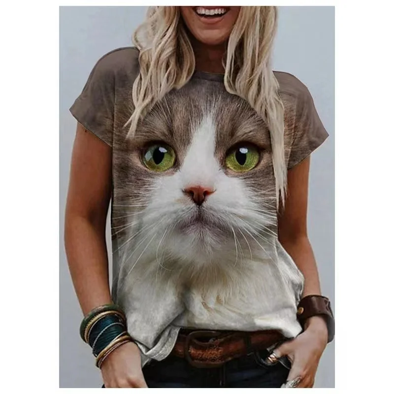Damen T-Shirt Sommer Top Katzen Hemd Rundhals Streetwear lockeres Damentop