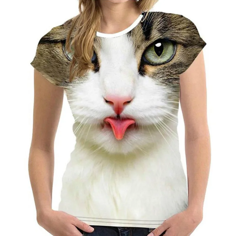 Damen T-Shirt Sommer Top Katzen Hemd Rundhals Streetwear lockeres Damentop