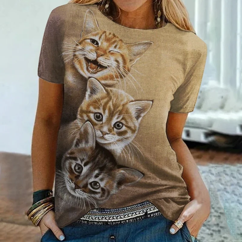 Damen T-Shirt Sommer Top Katzen Hemd Rundhals Streetwear lockeres Damentop