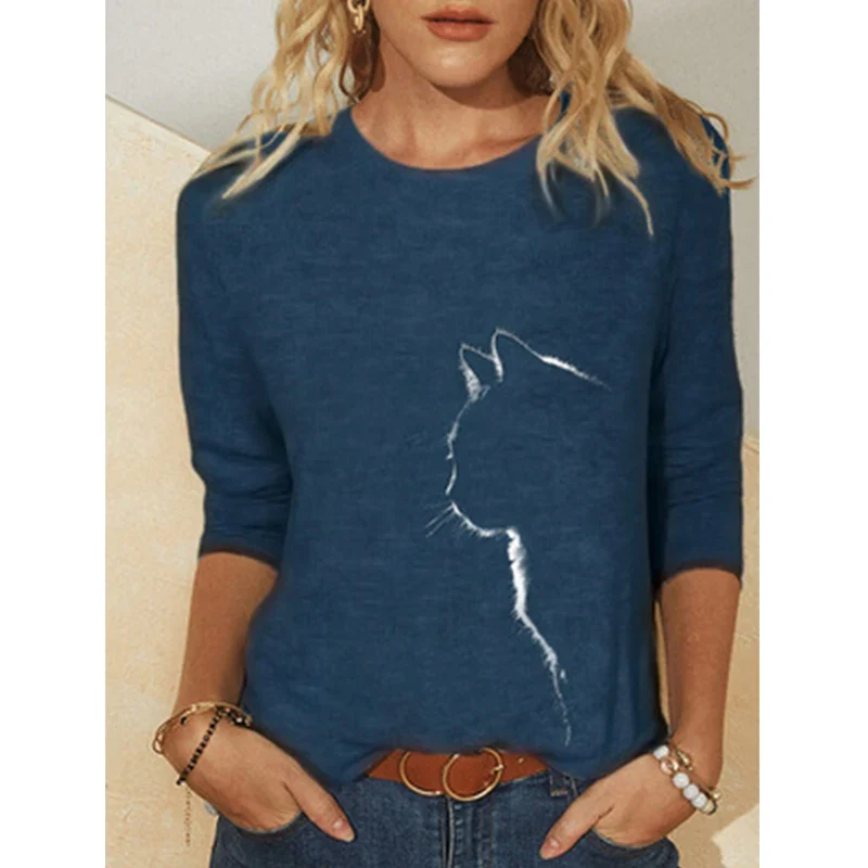 Damen Sommer Top Katzen Langarm T-Shirt Rundhals Streetwear lockeres Damentop