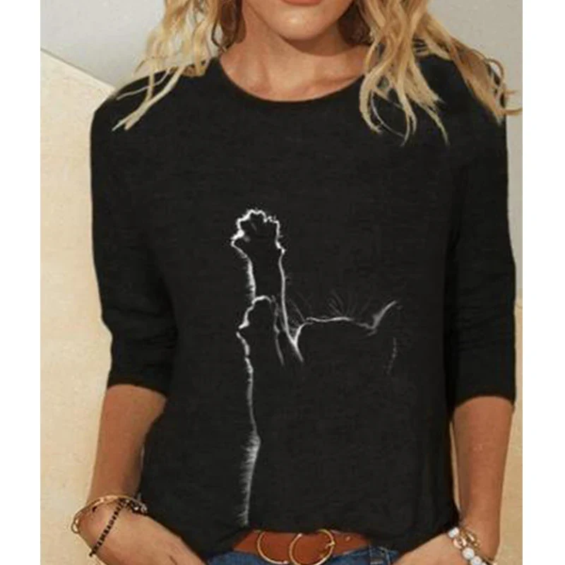 Damen Sommer Top Katzen Langarm T-Shirt Rundhals Streetwear lockeres Damentop