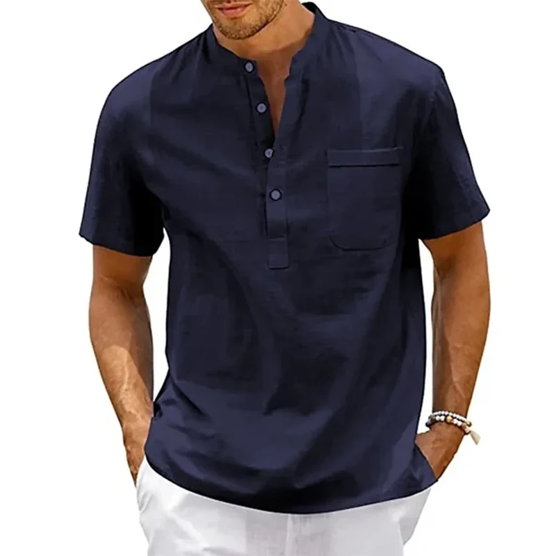 Herren Hemd Poloshirt Leinenhemd Kurzarm T-Shirt Leinen Polohemd Freizeithemd