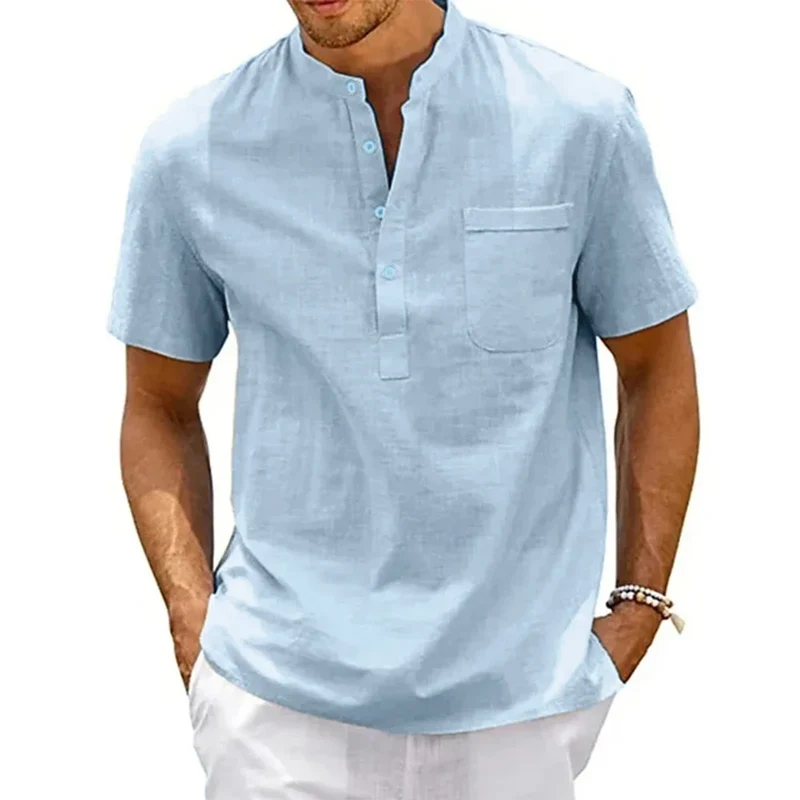 Herren Hemd Poloshirt Leinenhemd Kurzarm T-Shirt Leinen Polohemd Freizeithemd