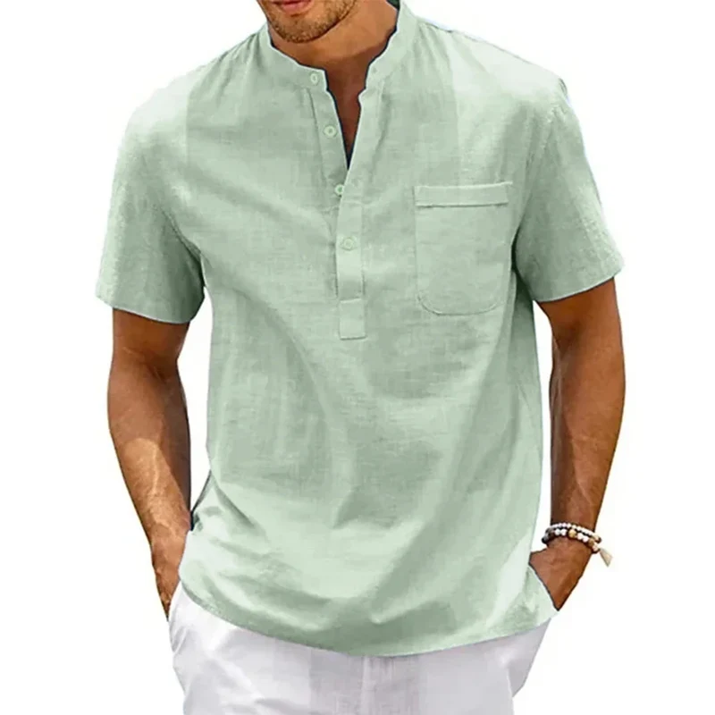 Herren Hemd Poloshirt Leinenhemd Kurzarm T-Shirt Leinen Polohemd Freizeithemd