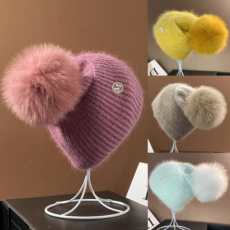 Damen Wolle Mütze Wintermütze Strickmütze Gefüttert Pudelmütze Bommel Skimütze