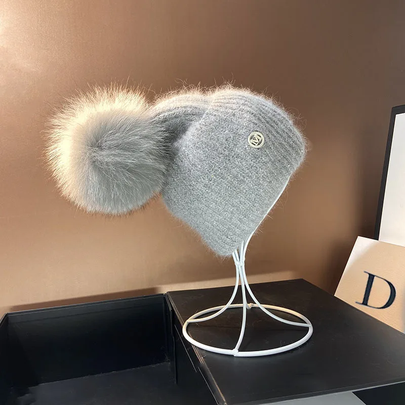 Damen Wolle Mütze Wintermütze Strickmütze Gefüttert Pudelmütze Bommel Skimütze