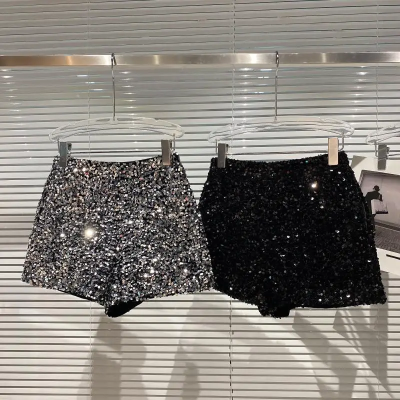 Damen Bermuda Shorts Hot Pants Kurze Hose Samt Pailletten Glänzende Clubwear
