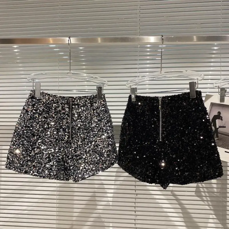 Damen Bermuda Shorts Hot Pants Kurze Hose Samt Pailletten Glänzende Clubwear