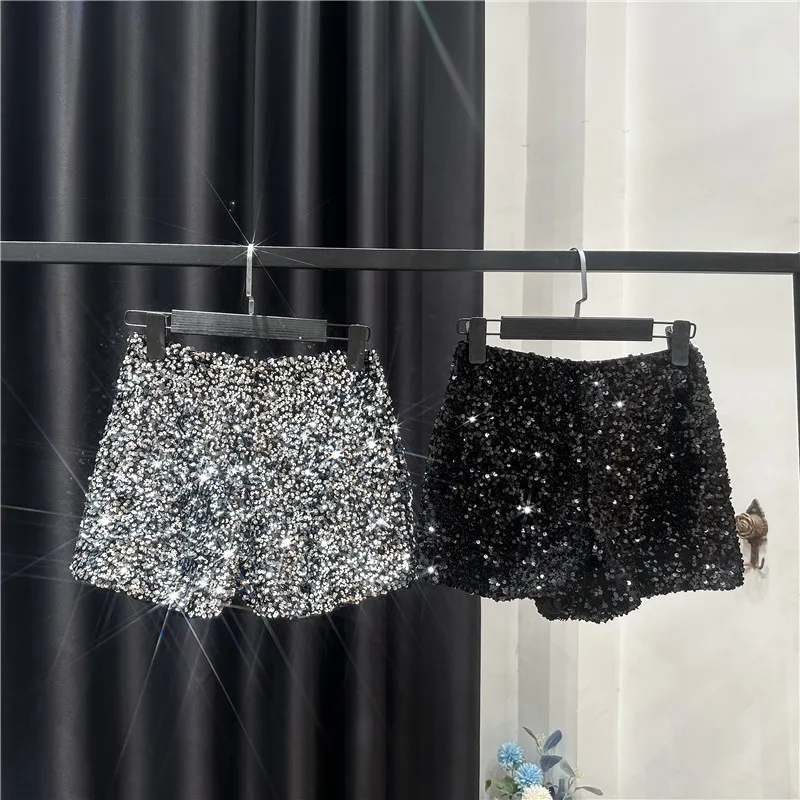 Damen Bermuda Shorts Hot Pants Kurze Hose Samt Pailletten Glänzende Clubwear