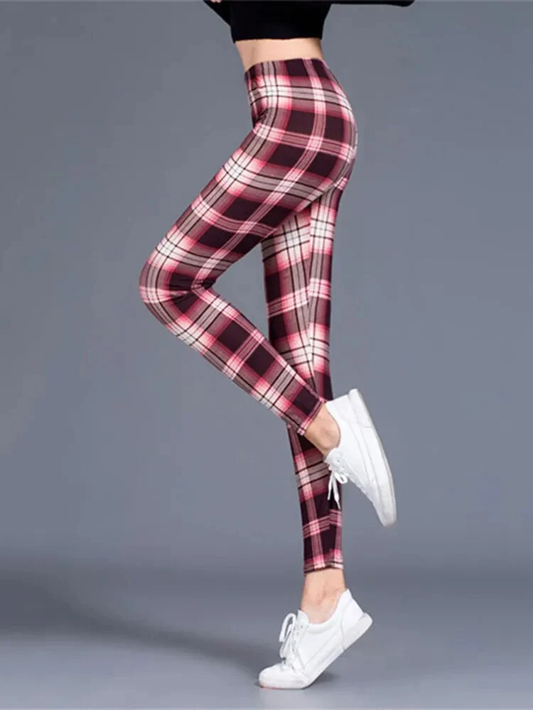 Leggings Damen Kariert Tartan Karo Muster Fitness Leggins Sexy Hohe Elastizität