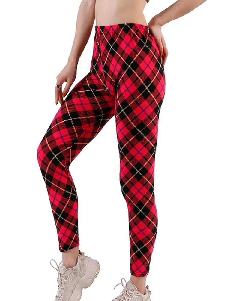Leggings Damen Kariert Tartan Karo Muster Fitness Leggins Sexy Hohe Elastizität