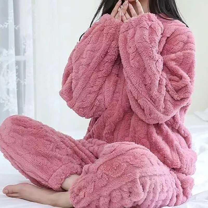 Damen Freizeitanzug Teddy Hausanzug Jogginganzug Fleece Schlafanzug