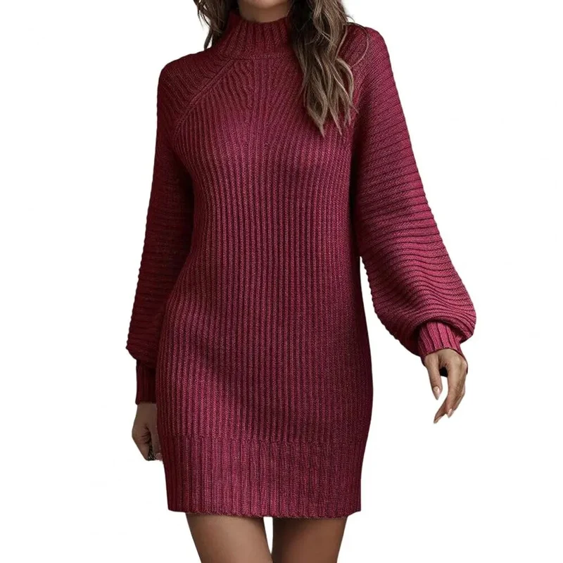 Damen Wollkleid Stiefelkleid Herbstkleid Winterkleid Strickkleid Longpullover