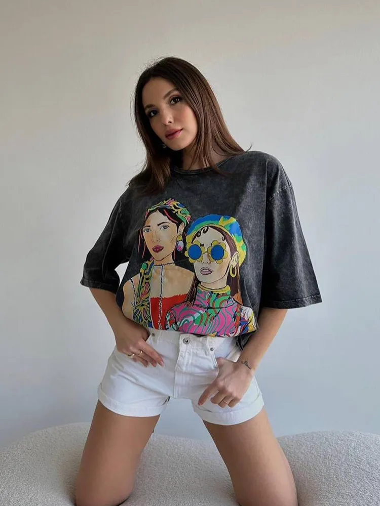 Damen Sommer Top Los Angeles T-Shirt Rundhals Streetwear lockeres Damentop
