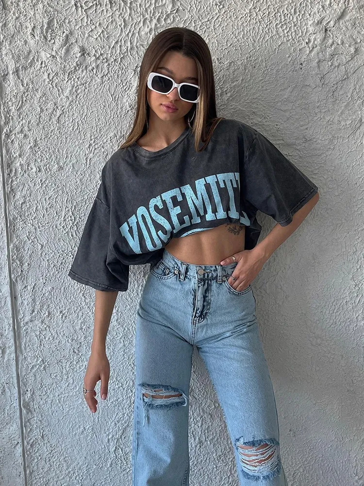 Damen Sommer Top Los Angeles T-Shirt Rundhals Streetwear lockeres Damentop