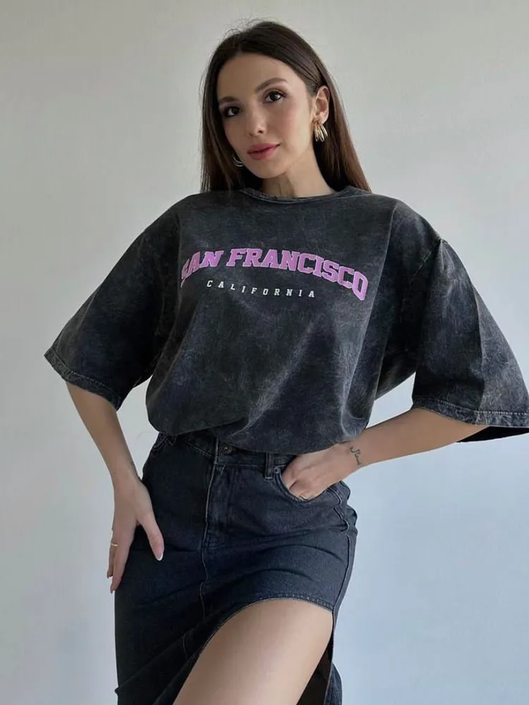 Damen Sommer Top Los Angeles T-Shirt Rundhals Streetwear lockeres Damentop