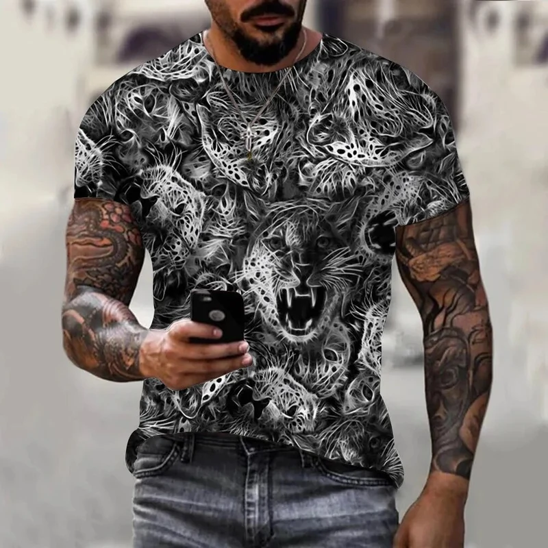 Herren Fashion Vintage Leopard 3D T-Shirt Rundhals Unisex Sommer Streetwear