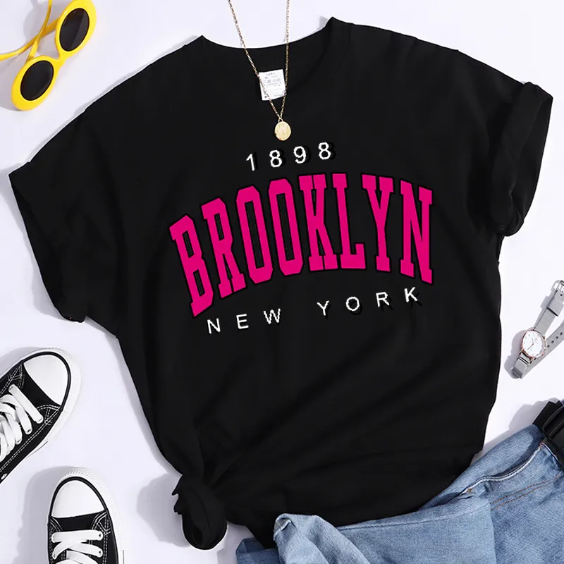 Damen Sommer Top Brooklyn New York T-Shirt Rundhals Streetwear lockeres Damentop