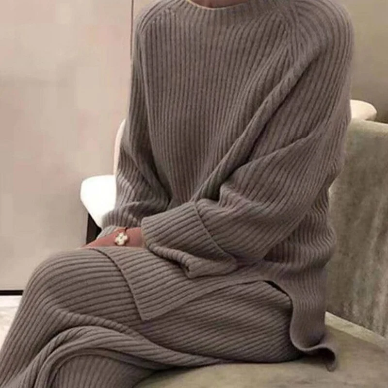2 Set Damen Wollkleid Pullover Maxi Kleid Pulloverkleid Winterkleid Strickkleid