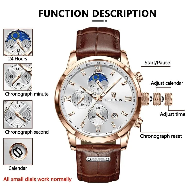 Herren Armbanduhr Silber Schwarz Edelstahl Quarzuhr Luxus Chronograph Business