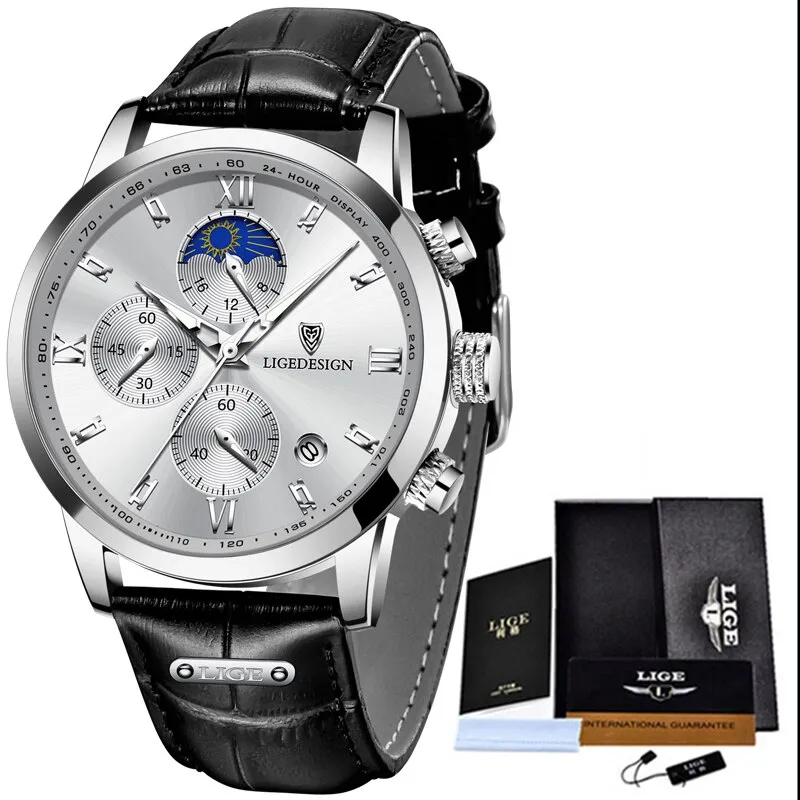 Herren Armbanduhr Silber Schwarz Edelstahl Quarzuhr Luxus Chronograph Business