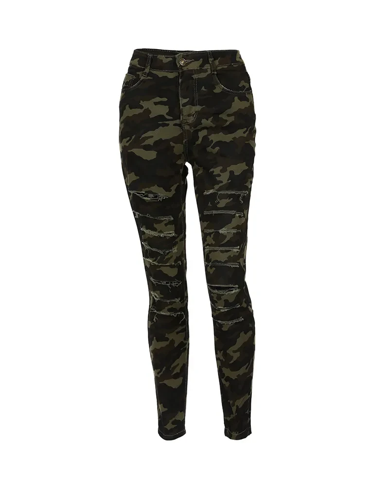 Damen Jeans Camouflage Army Hose Stoffhose Hüfthose High Waist