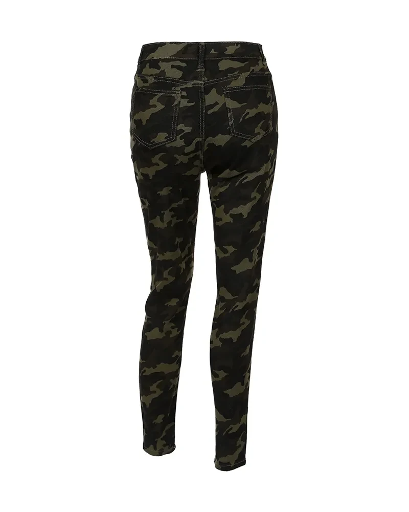 Damen Jeans Camouflage Army Hose Stoffhose Hüfthose High Waist