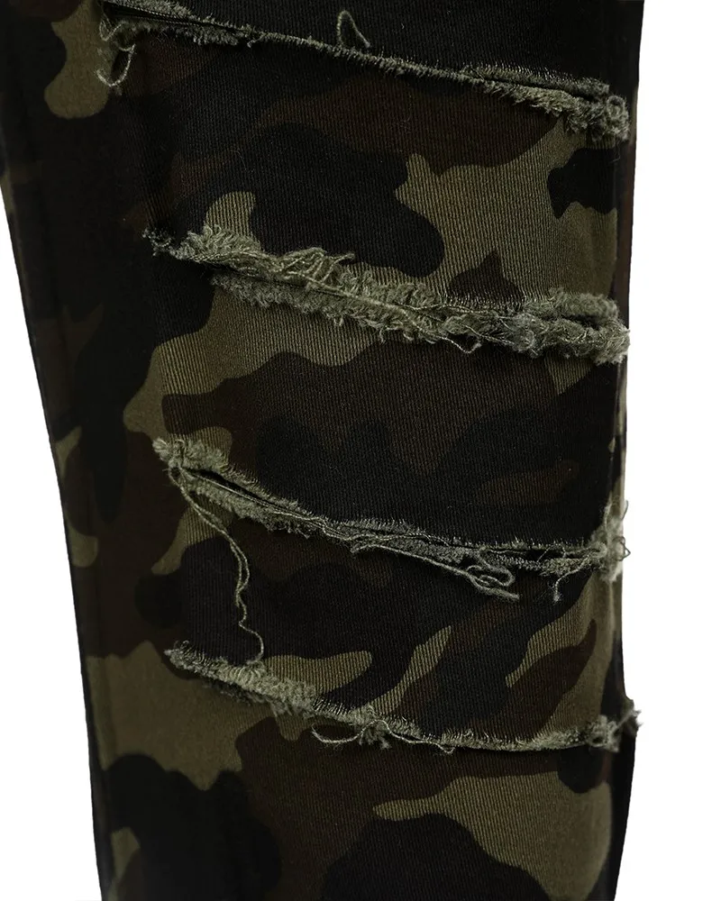 Damen Jeans Camouflage Army Hose Stoffhose Hüfthose High Waist