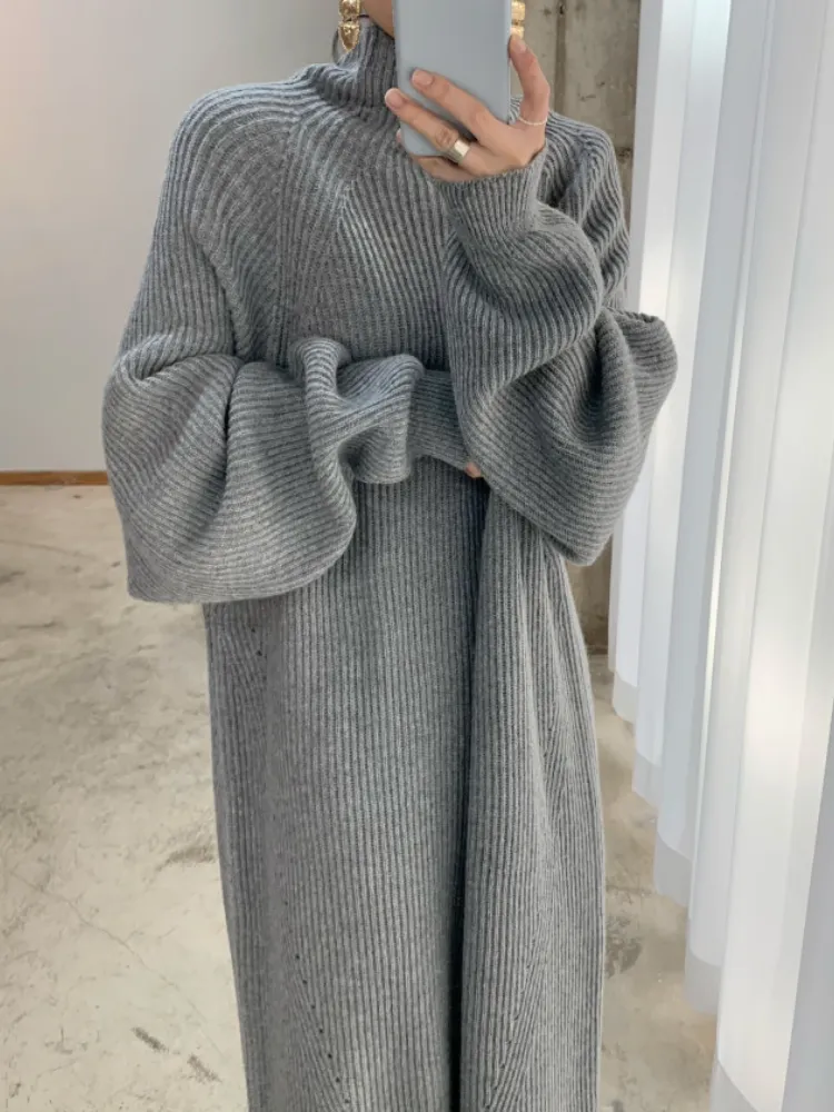Damen Wollkleid Winterkleid Strickkleid Longpullover Pullover Long Sleeve