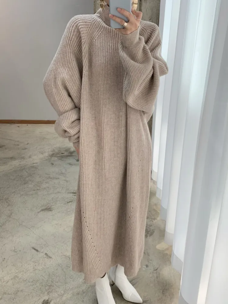 Damen Wollkleid Winterkleid Strickkleid Longpullover Pullover Long Sleeve