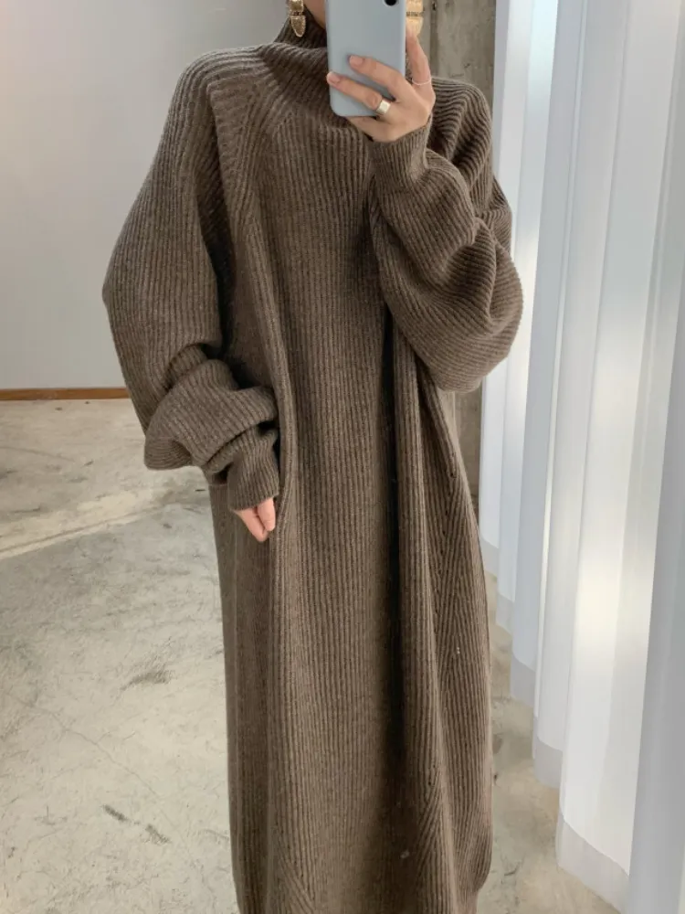 Damen Wollkleid Winterkleid Strickkleid Longpullover Pullover Long Sleeve