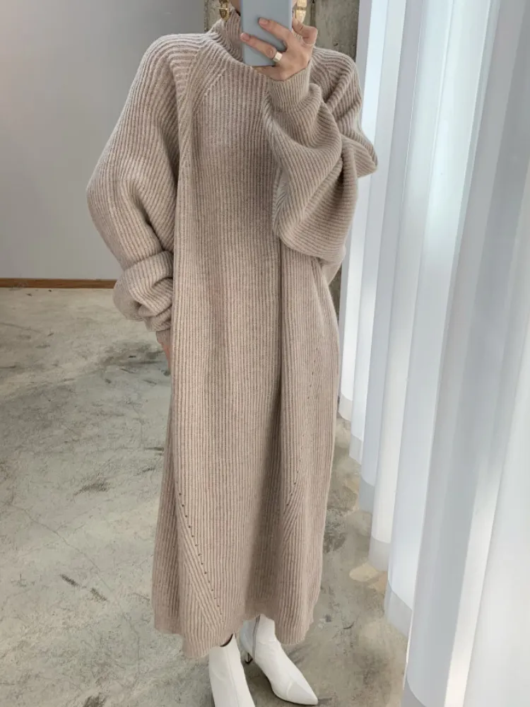 Damen Wollkleid Winterkleid Strickkleid Longpullover Pullover Long Sleeve