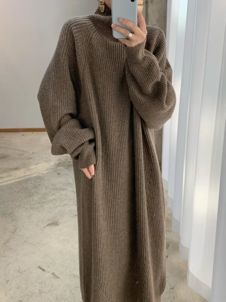 Damen Wollkleid Winterkleid Strickkleid Longpullover Pullover Long Sleeve