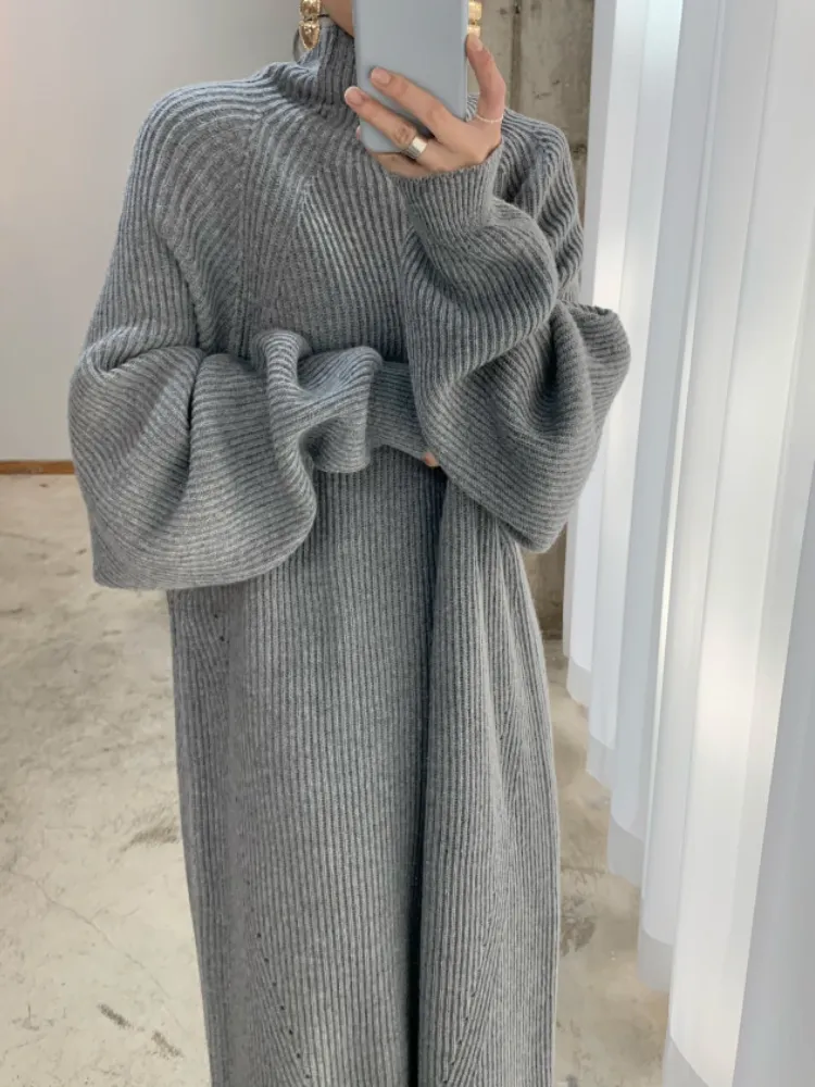 Damen Wollkleid Winterkleid Strickkleid Longpullover Pullover Long Sleeve