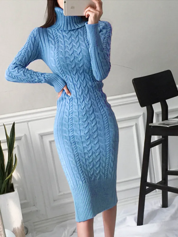 Damen Wollkleid Rollkragen Stiefelkleid Herbstkleid Winterkleid Strickkleid