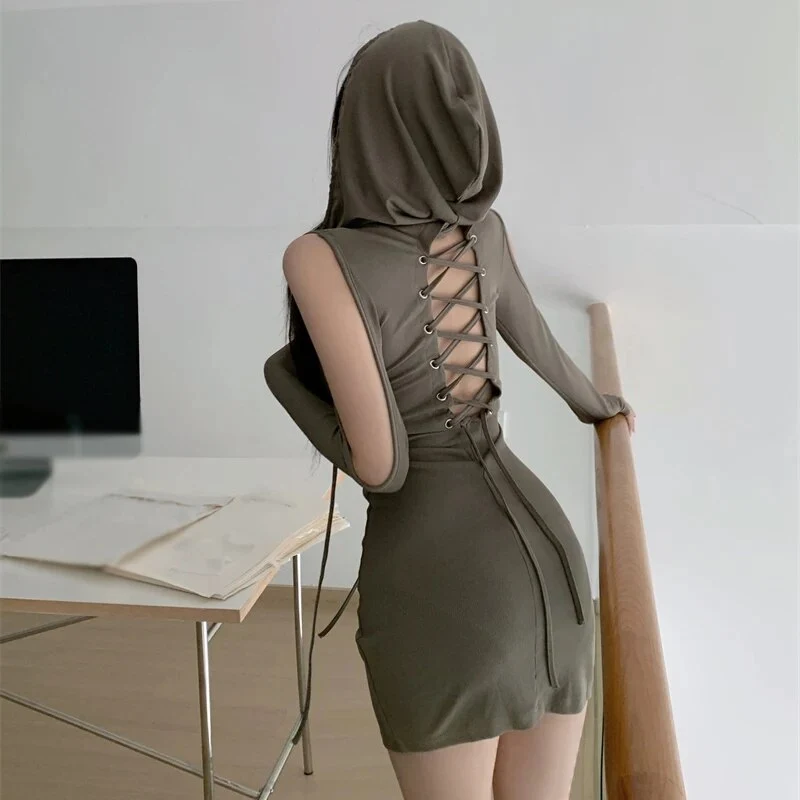 Frauen Langarm Minikleid Kapuzenpullover Kleid Hoodie Sweatshirt Sweatkleid
