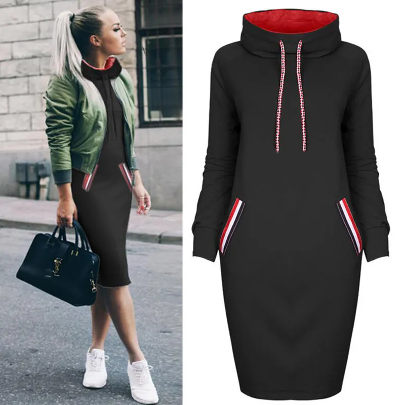 Frauen Langarm Minikleid Kapuzenpullover Kleid Hoodie Sweatshirt Sweatkleid