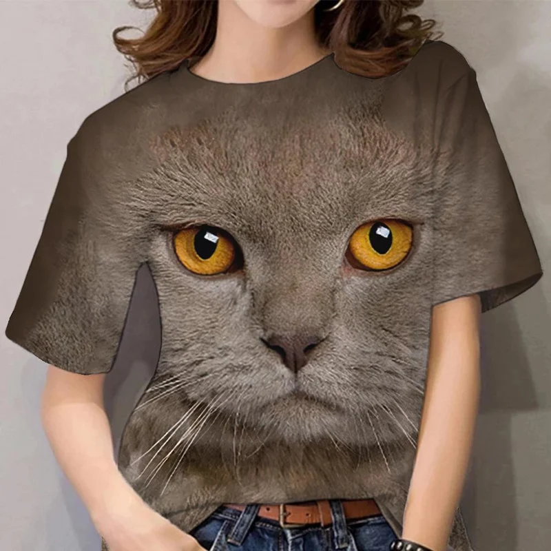 Damen Sommer Top 3D Katzen T-Shirt Rundhals Streetwear lockeres Damentop