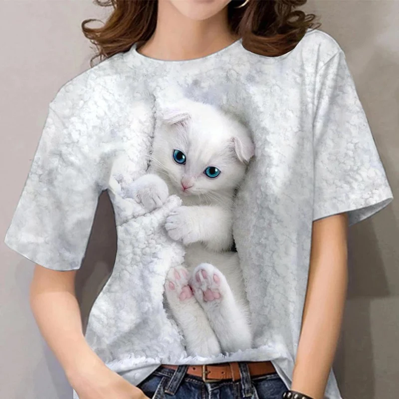 Damen Sommer Top 3D Katzen T-Shirt Rundhals Streetwear lockeres Damentop