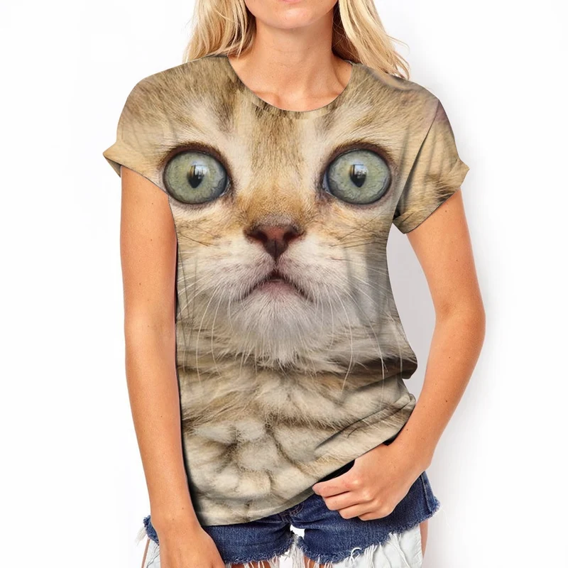 Damen Sommer Top 3D Katzen T-Shirt Rundhals Streetwear lockeres Damentop