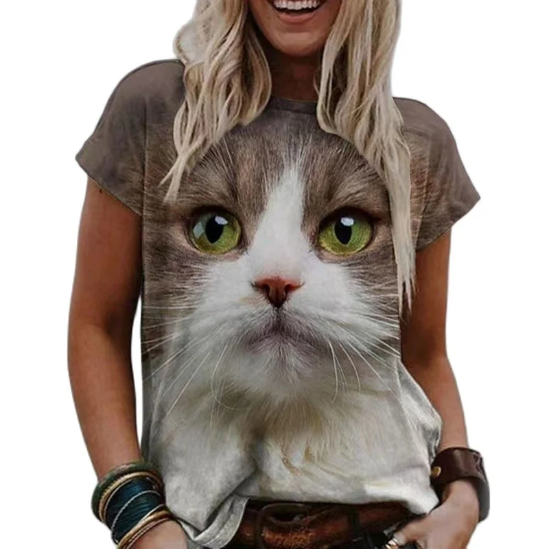 Damen Sommer Top 3D Katzen T-Shirt Rundhals Streetwear lockeres Damentop